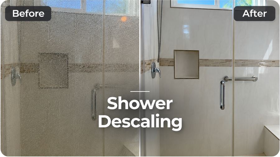 Shower descaling before and after in San Marcos home