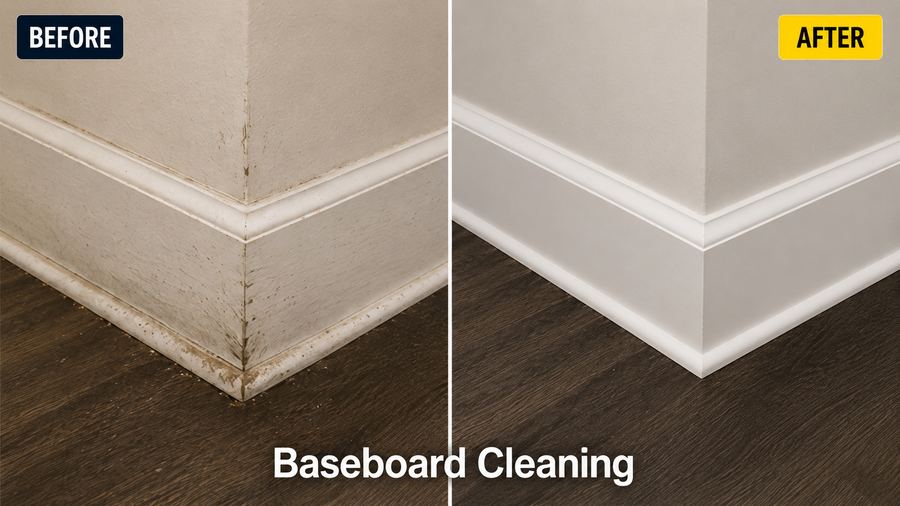 Baseboard and corner cleaning before and after