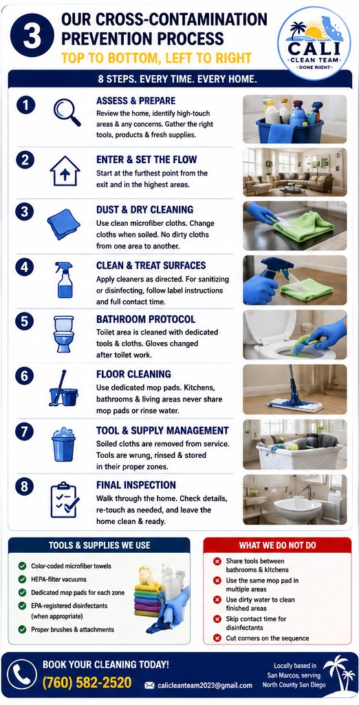 Our professional cross-contamination prevention cleaning process in San Marcos, CA, step by step