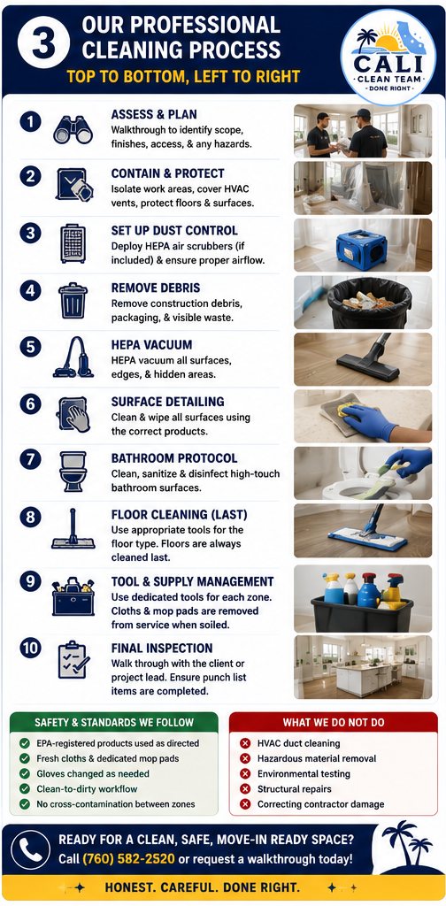 Our professional post-construction cleaning process in San Marcos, CA, step by step