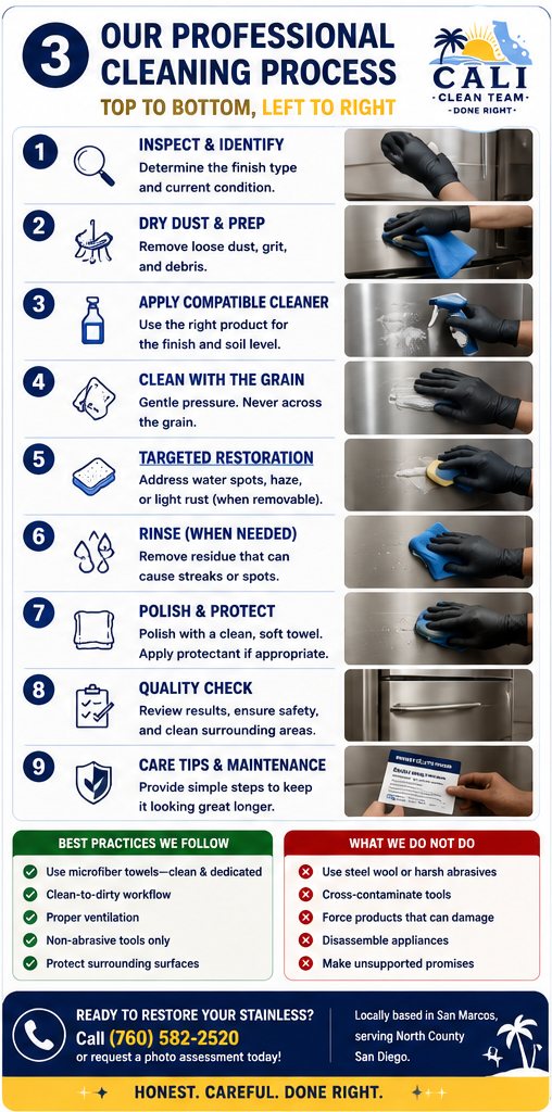 Our professional stainless steel cleaning & restoration process in San Marcos, CA, step by step