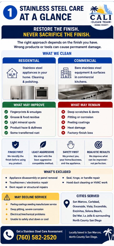 Stainless Steel Cleaning & Restoration in San Marcos, CA — quick facts: what's included and what may be permanent