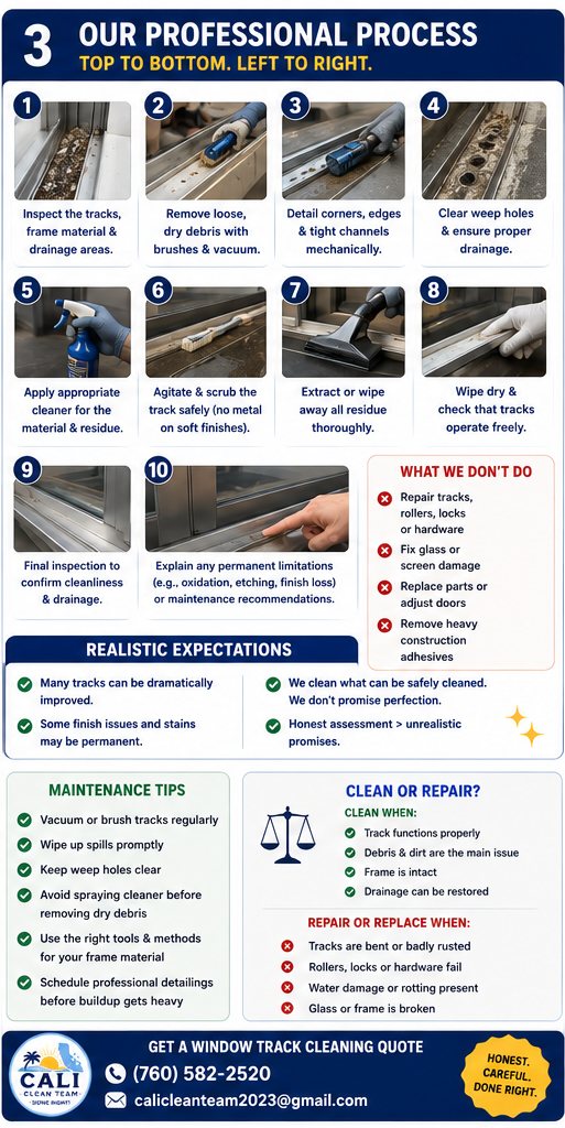 Our professional window track & sliding door track cleaning process in San Marcos, CA, step by step